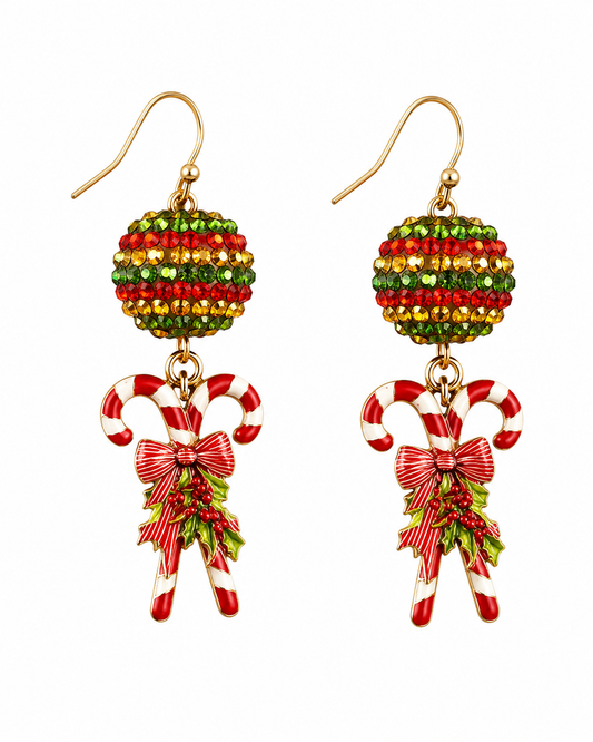 Christmas Candy Cane & Rhinestone Drop Earrings