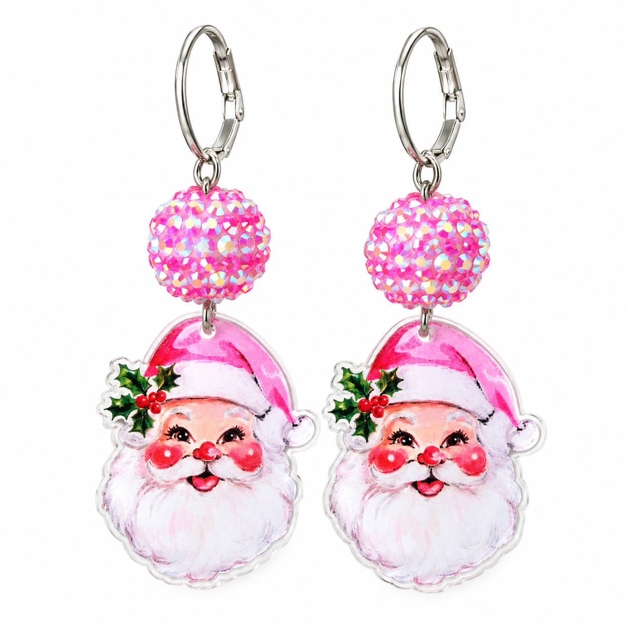 Pink Vintage Santa Sparkle Christmas Earrings