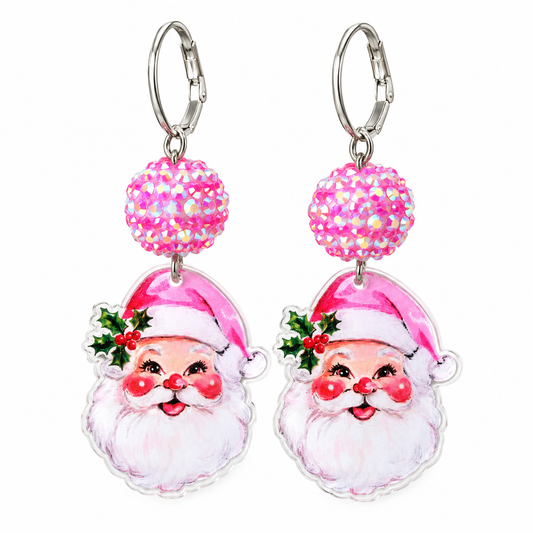 Pink Vintage Santa Sparkle Christmas Earrings