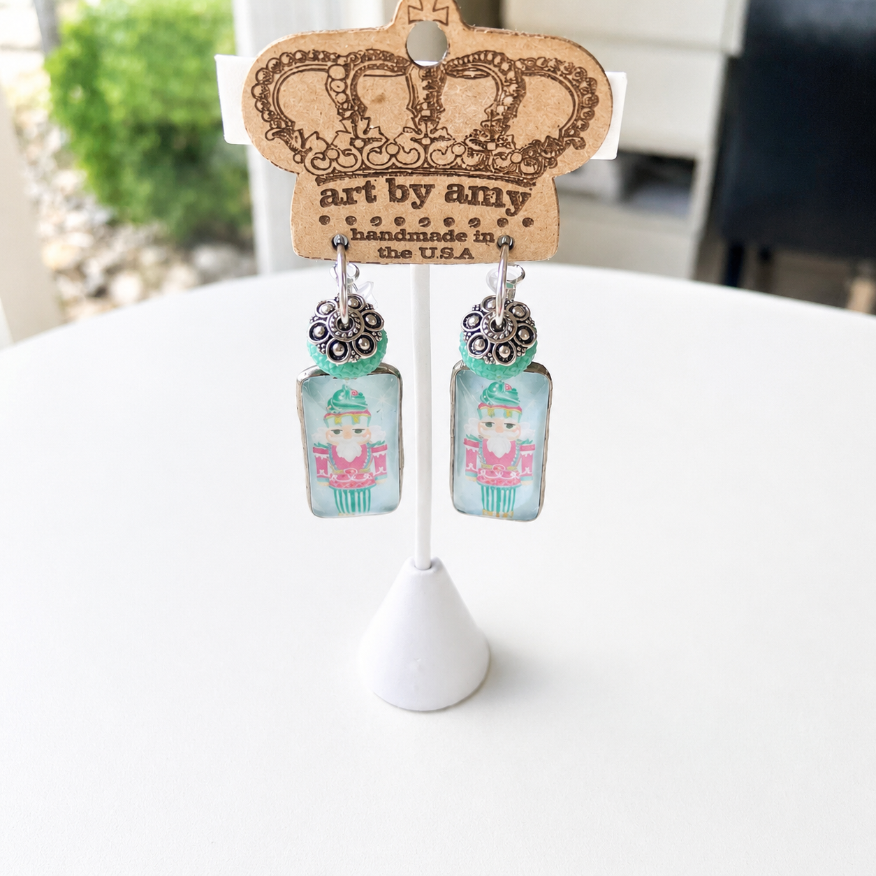 Art By Amy Handmade Pink & Mint Nutcracker Christmas Earrings