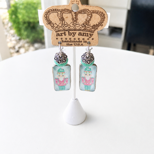 Art By Amy Handmade Pink & Mint Nutcracker Christmas Earrings