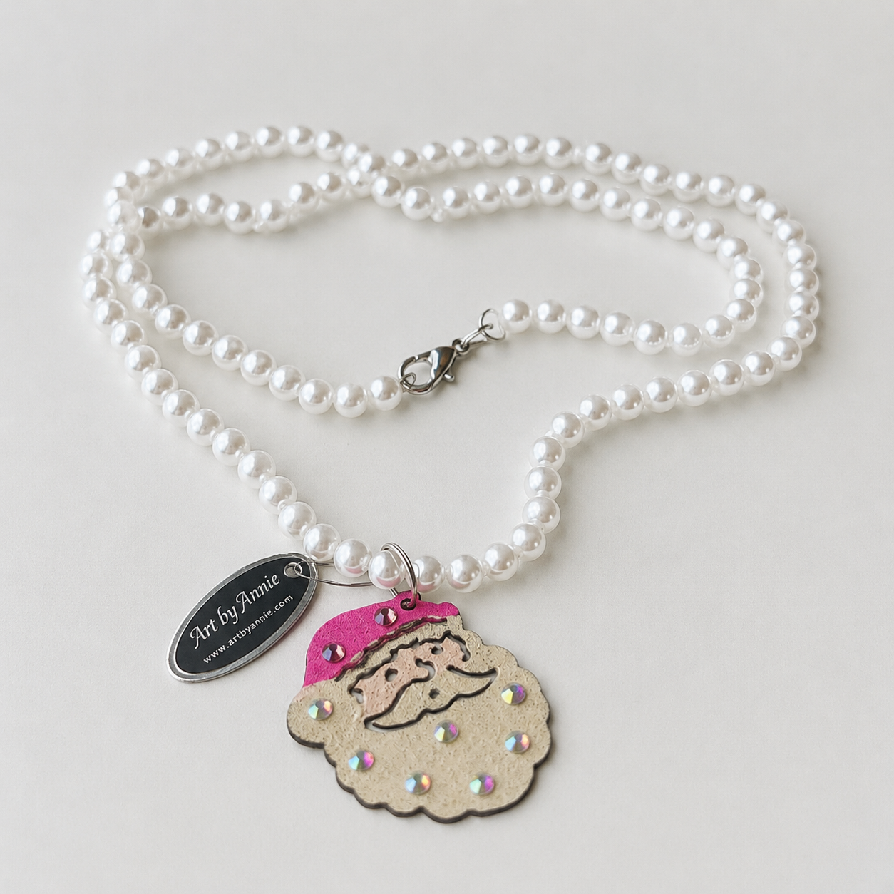 Pink Santa Pearl Necklace – Handmade Christmas Statement Necklace