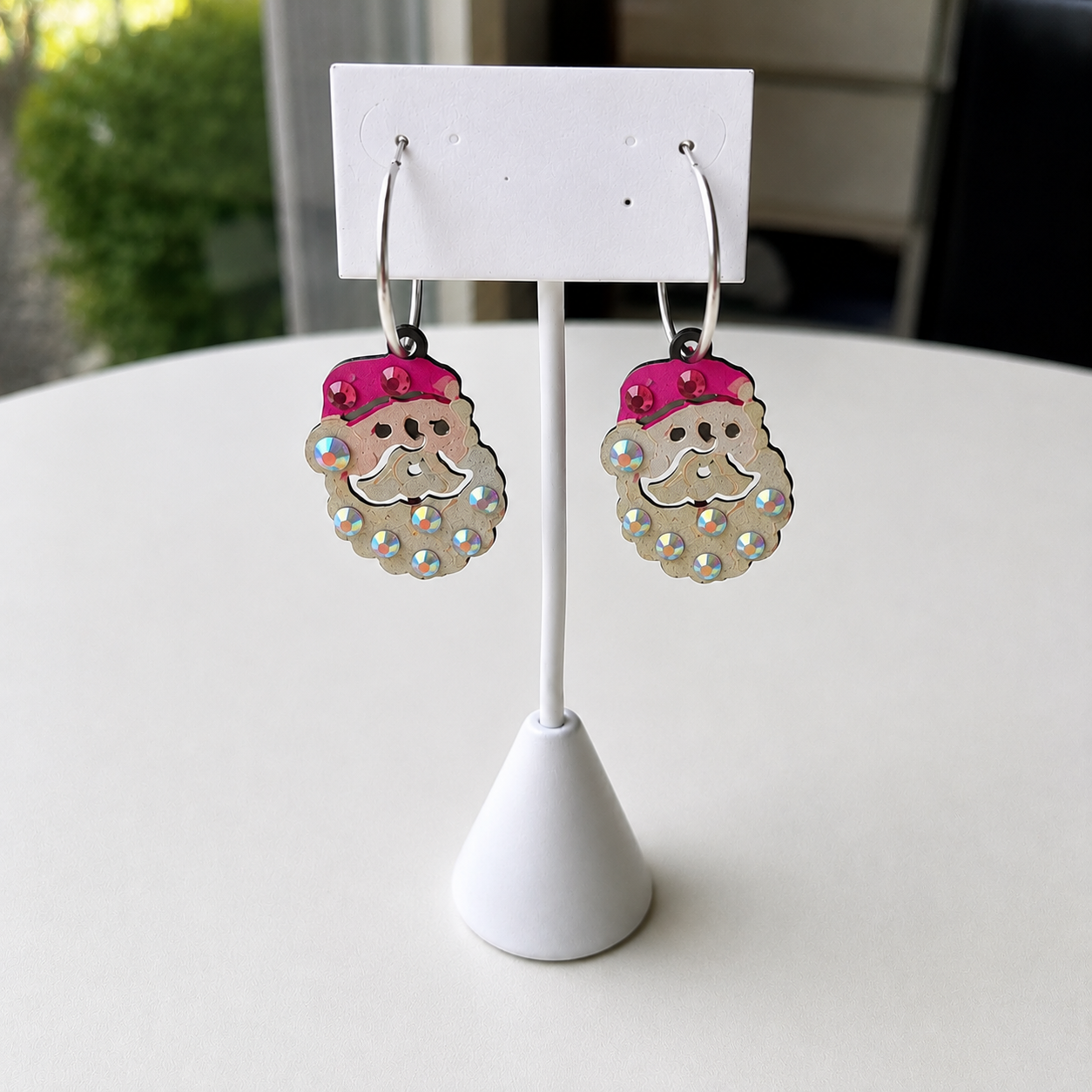 Handmade Pink Santa Rhinestone Hoop Earrings