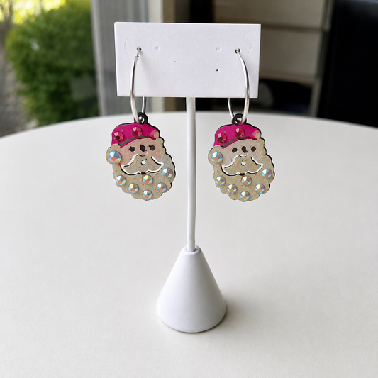 Handmade Pink Santa Rhinestone Hoop Earrings