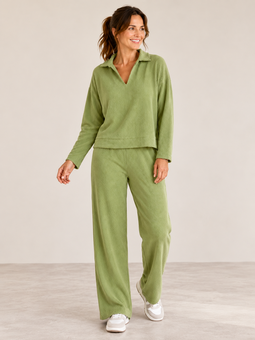 Green Ribbed Two-Piece Set - Collared Top & Pant