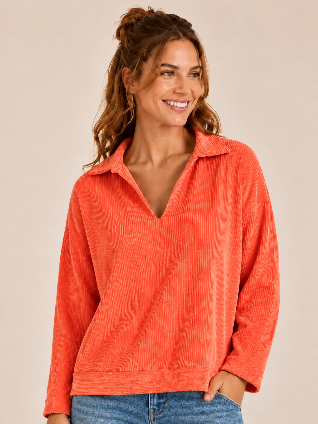 Orange Collared Ribbed Top