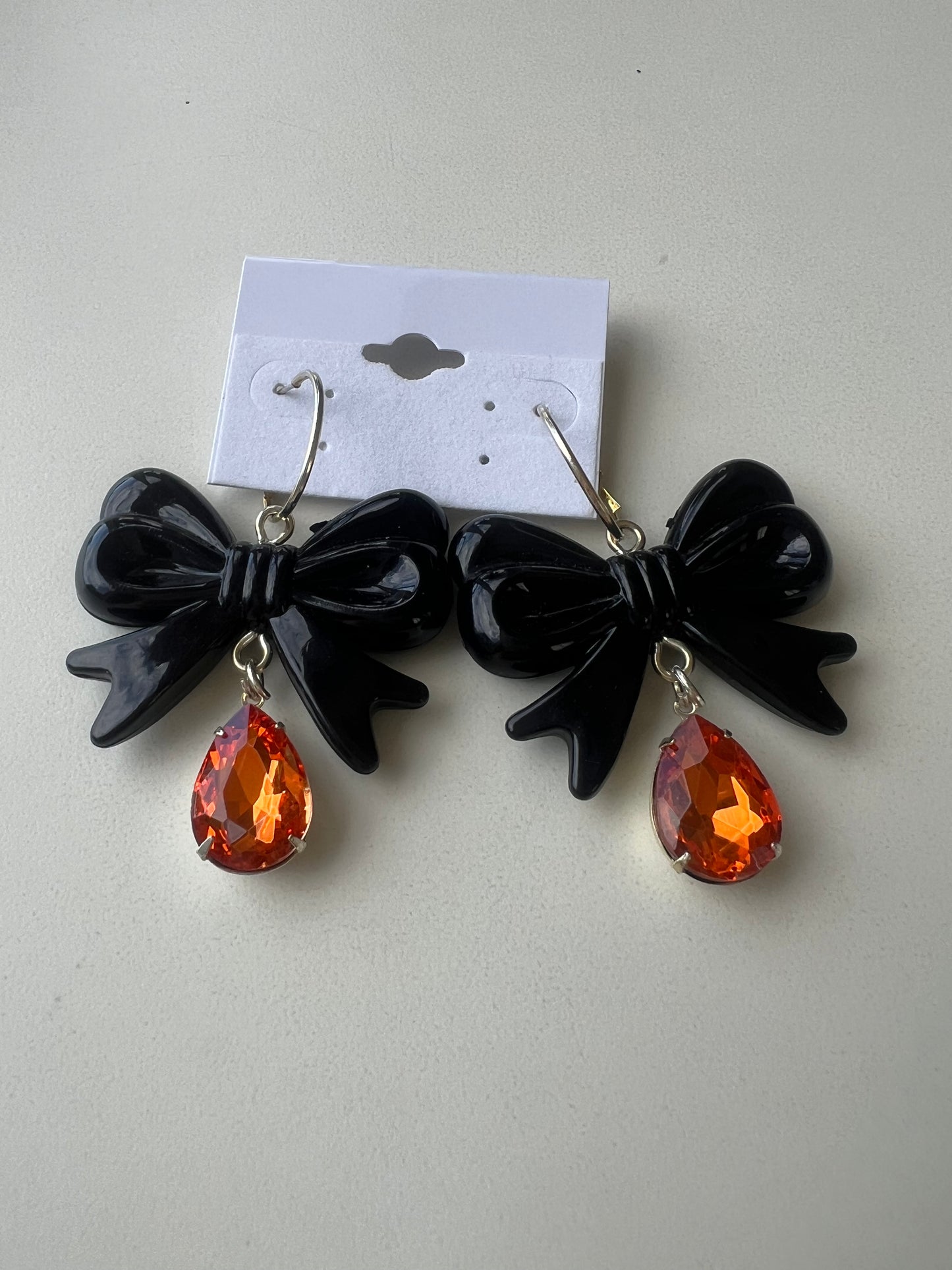 PRIM Black Bow & Orange Crystal Drop Earrings 🧡🖤