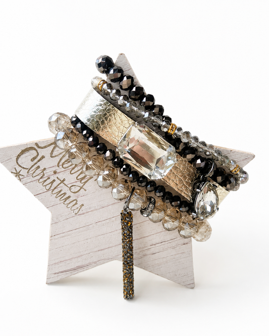 Handmade Crystal & Metallic Beaded Bracelet Stack – Black, Champagne & Gold