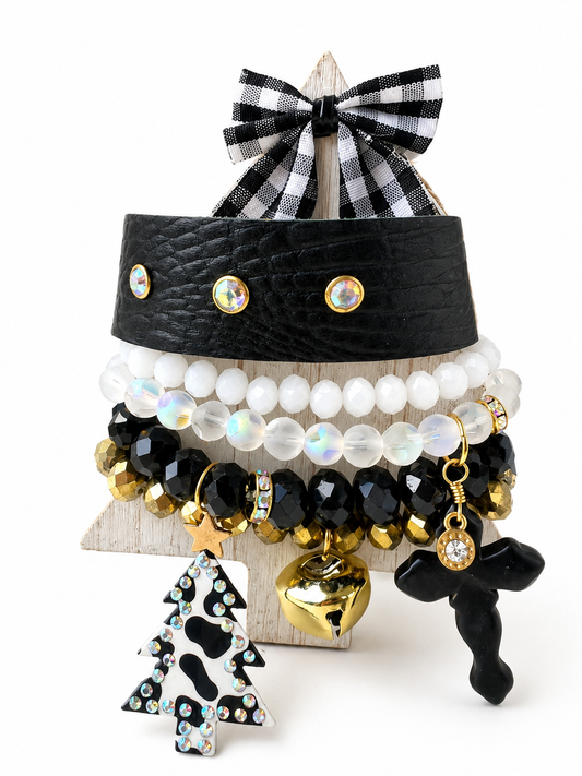 Handmade Black, White & Gold Christmas Bracelet Stack with Charms