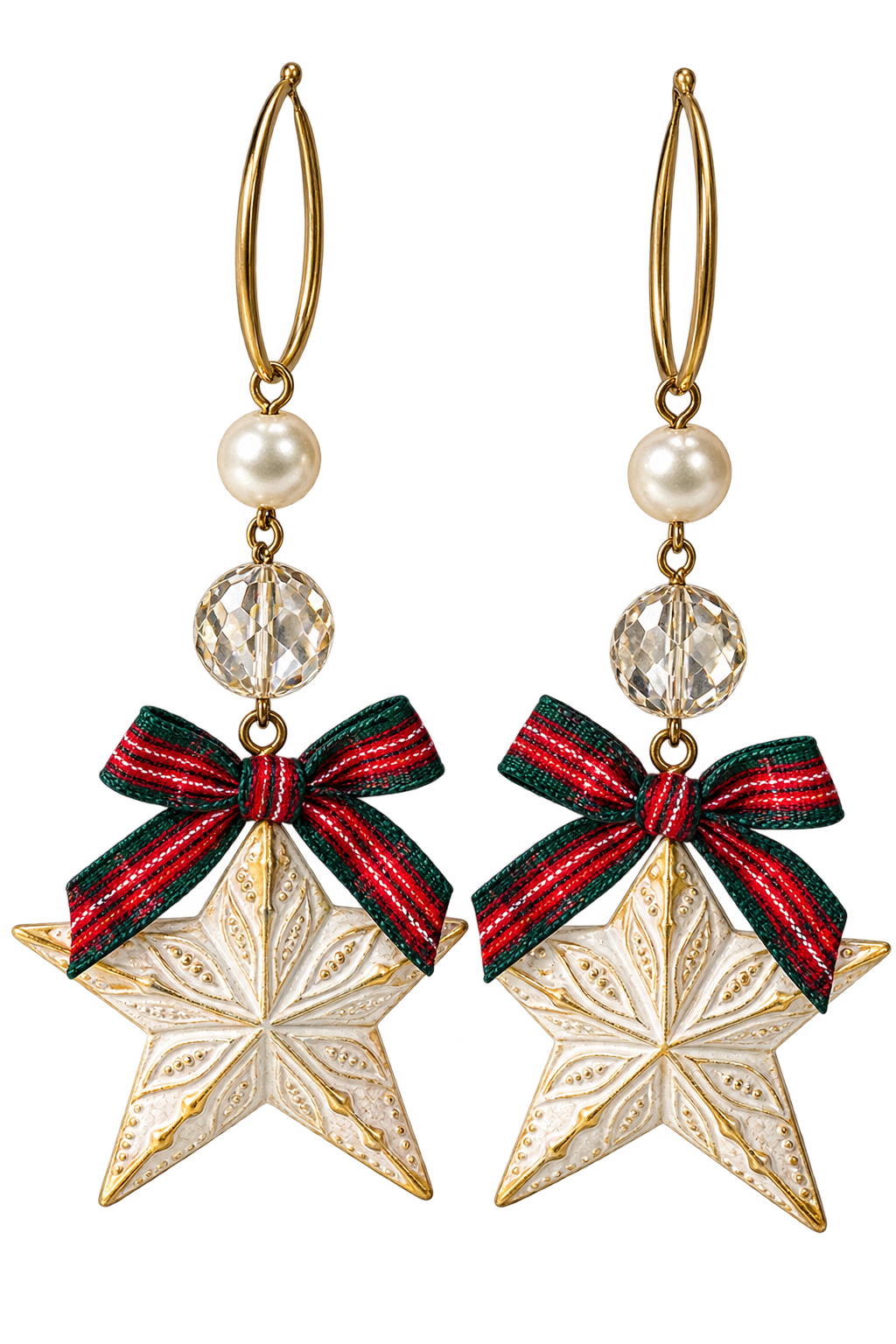 Handmade Christmas Star Earrings with Plaid Bows, Pearls & Crystal Beads