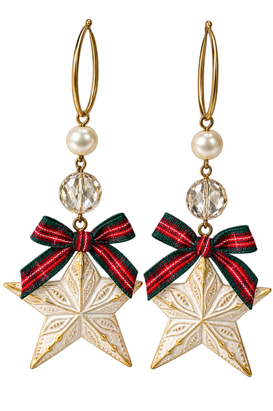 Handmade Christmas Star Earrings with Plaid Bows, Pearls & Crystal Beads