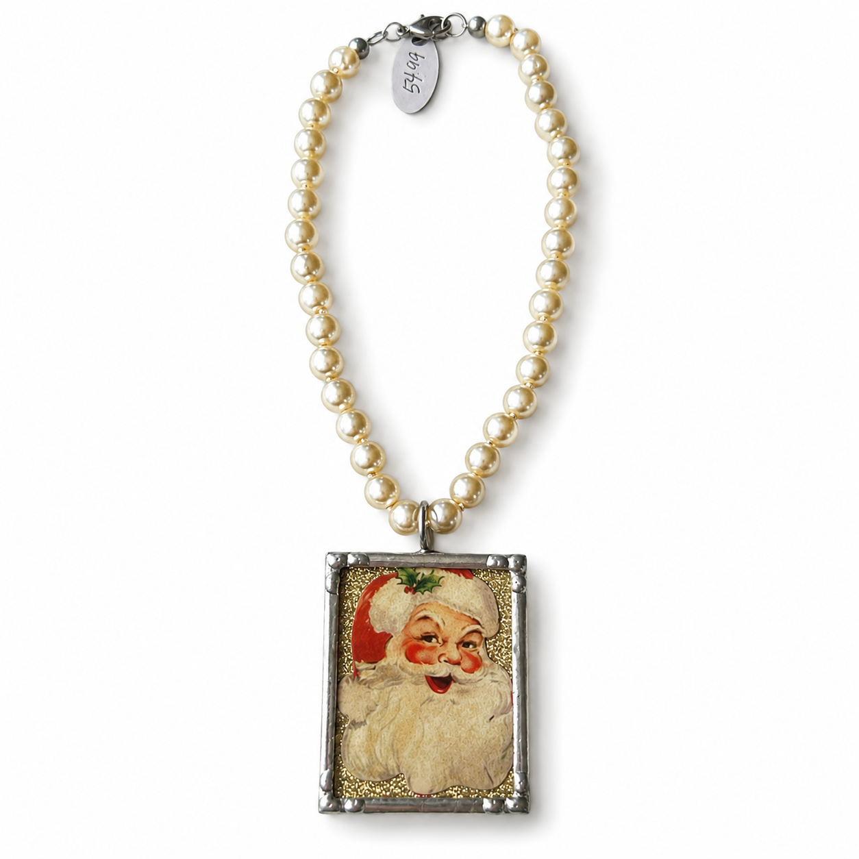 Hand-Soldered Vintage Santa Pearl Necklace – One-of-a-Kind Christmas Pendant