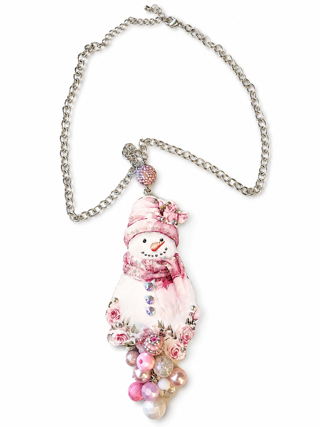 Pink Snowman Handmade Statement Necklace with Rhinestone & Beaded Accents