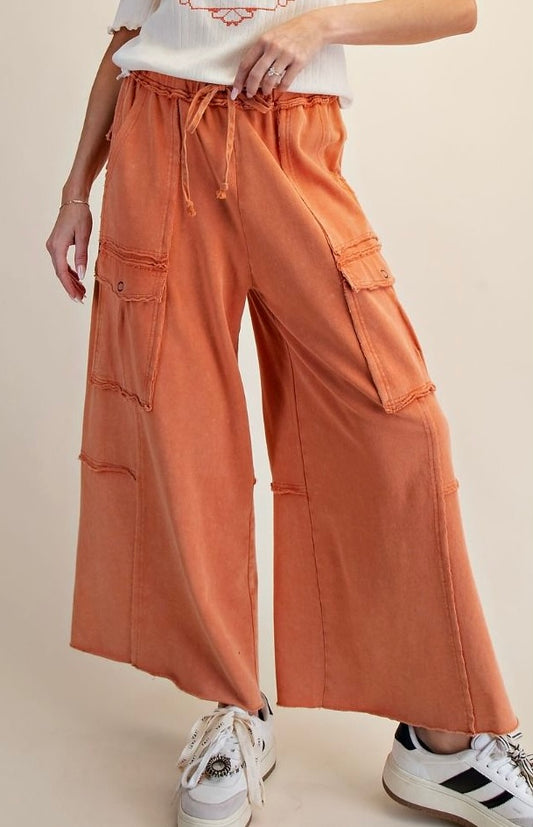 Easel Faded Rust Wide Leg Terry Cargo Pant