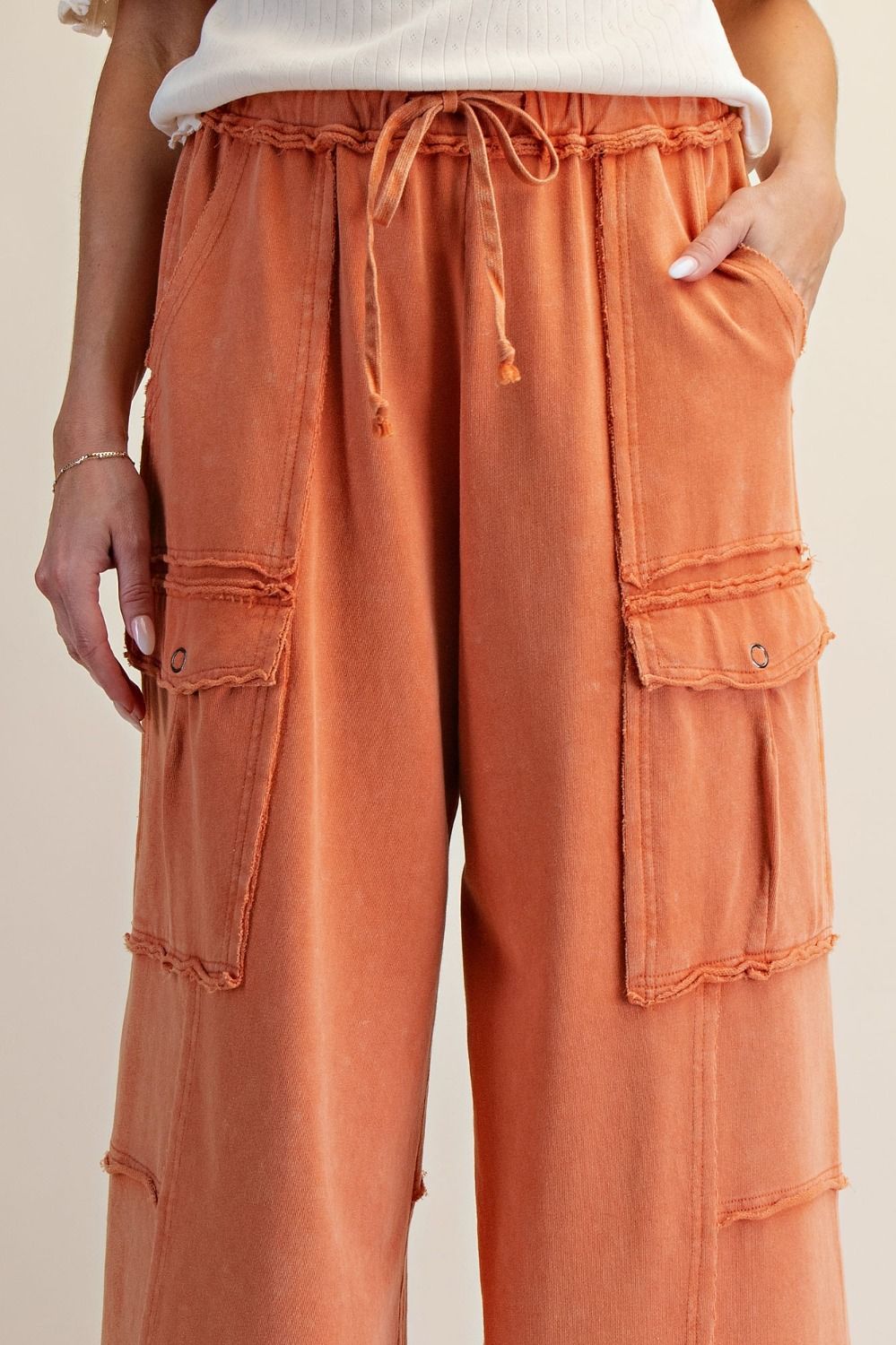 Easel Faded Rust Wide Leg Terry Cargo Pant