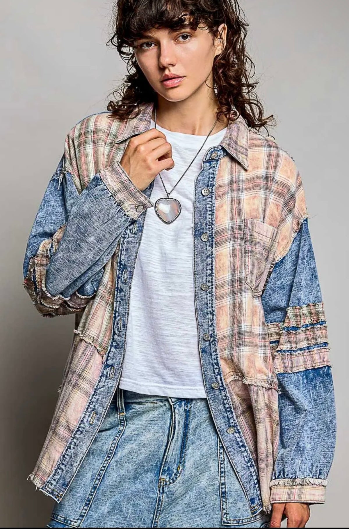 POL Mixed-Fabric Patchwork Frayed Seam Accents Long Sleeve