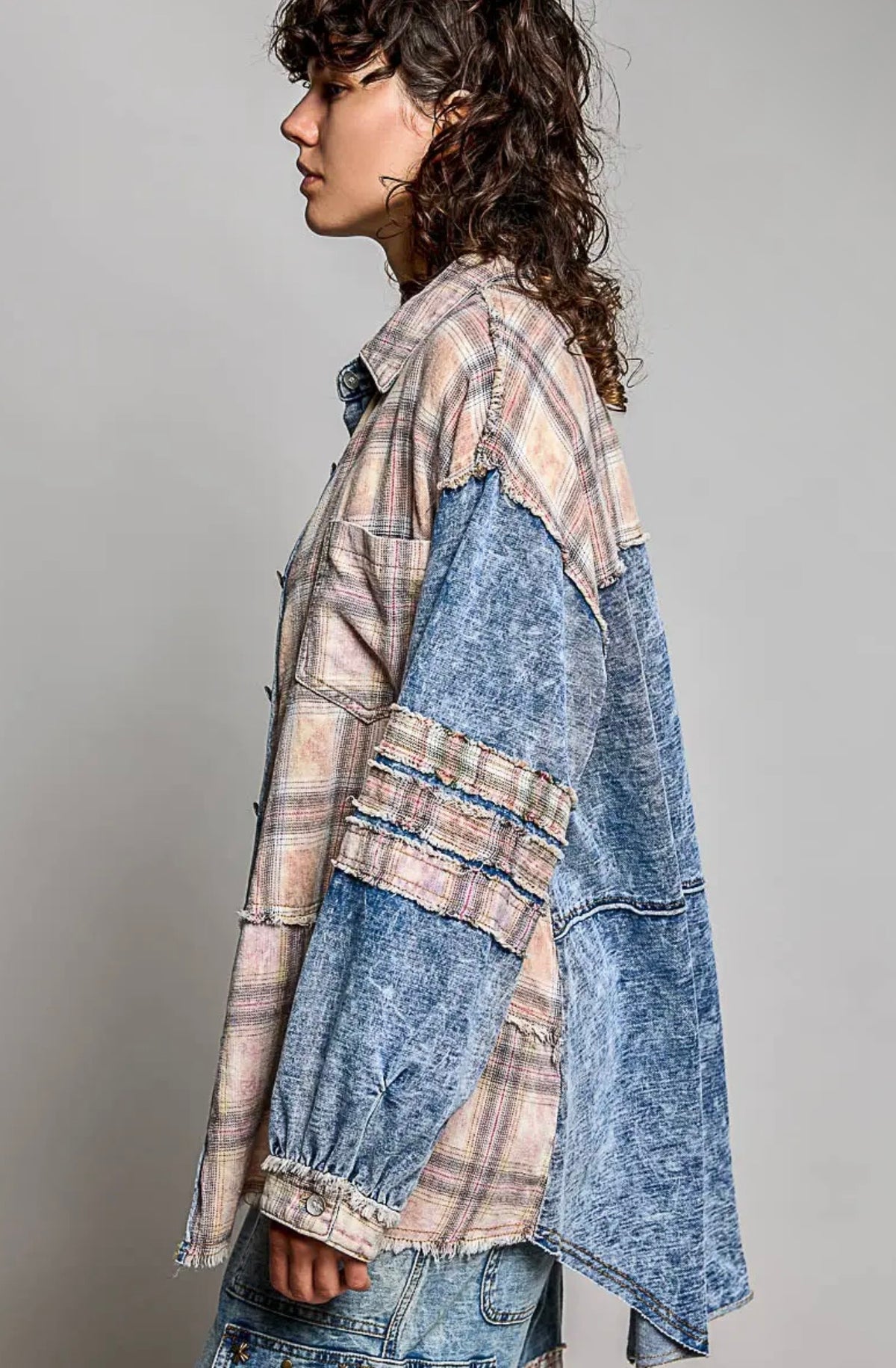 POL Mixed-Fabric Patchwork Frayed Seam Accents Long Sleeve