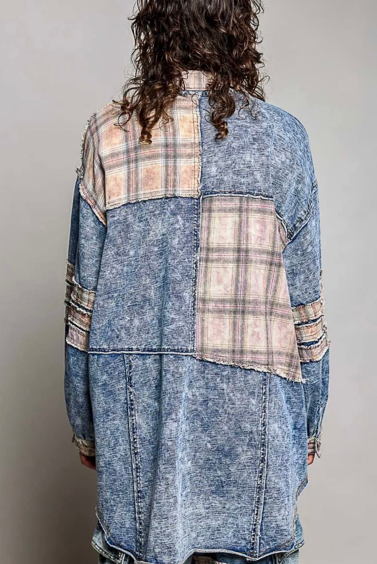 POL Mixed-Fabric Patchwork Frayed Seam Accents Long Sleeve