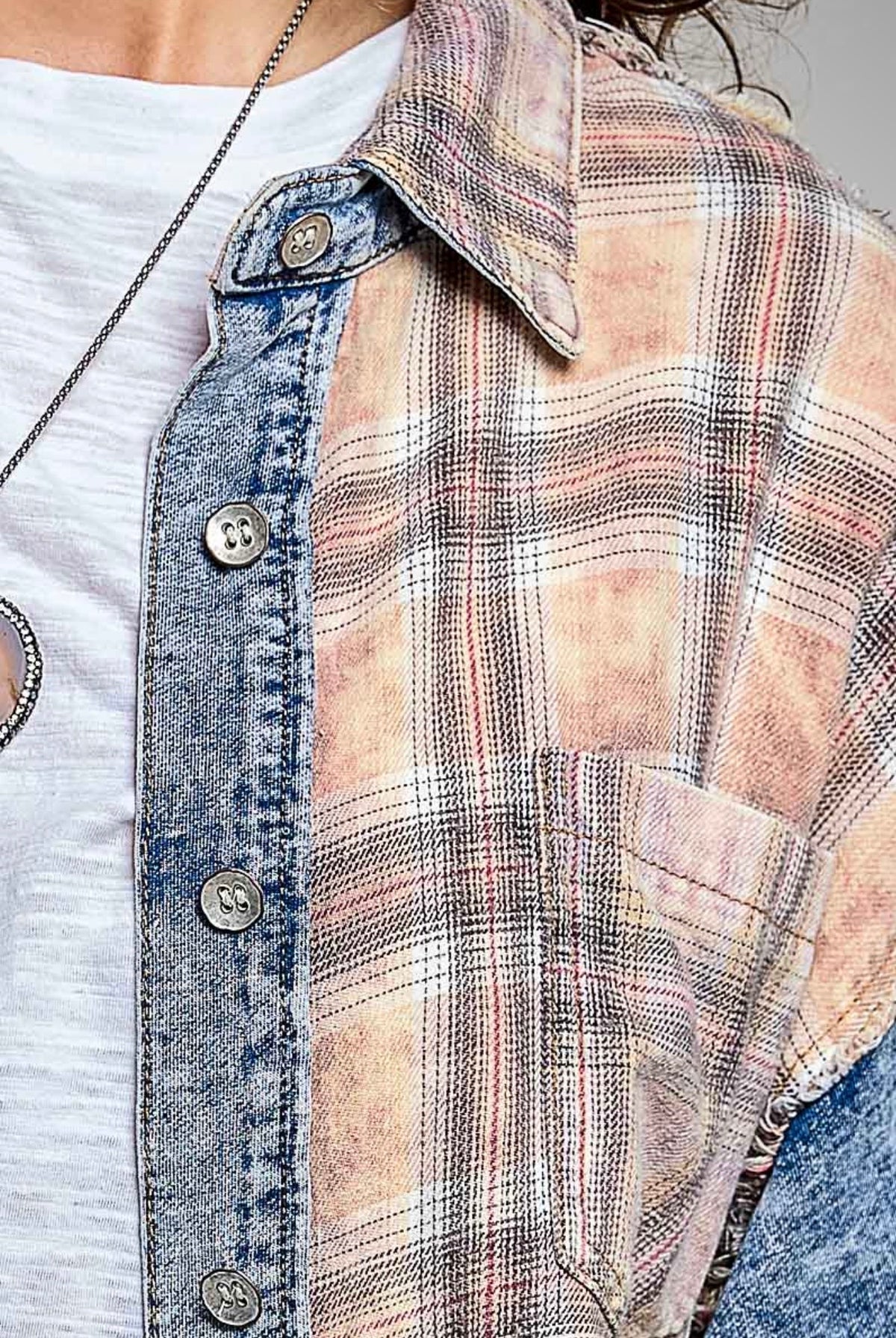 POL Mixed-Fabric Patchwork Frayed Seam Accents Long Sleeve