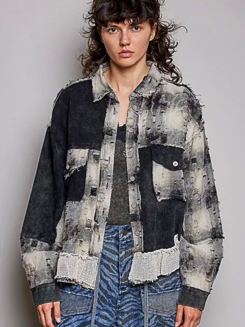 POL Vintage Plaid Thermal Patch Crochet Ruffle Raw Edge Shirt