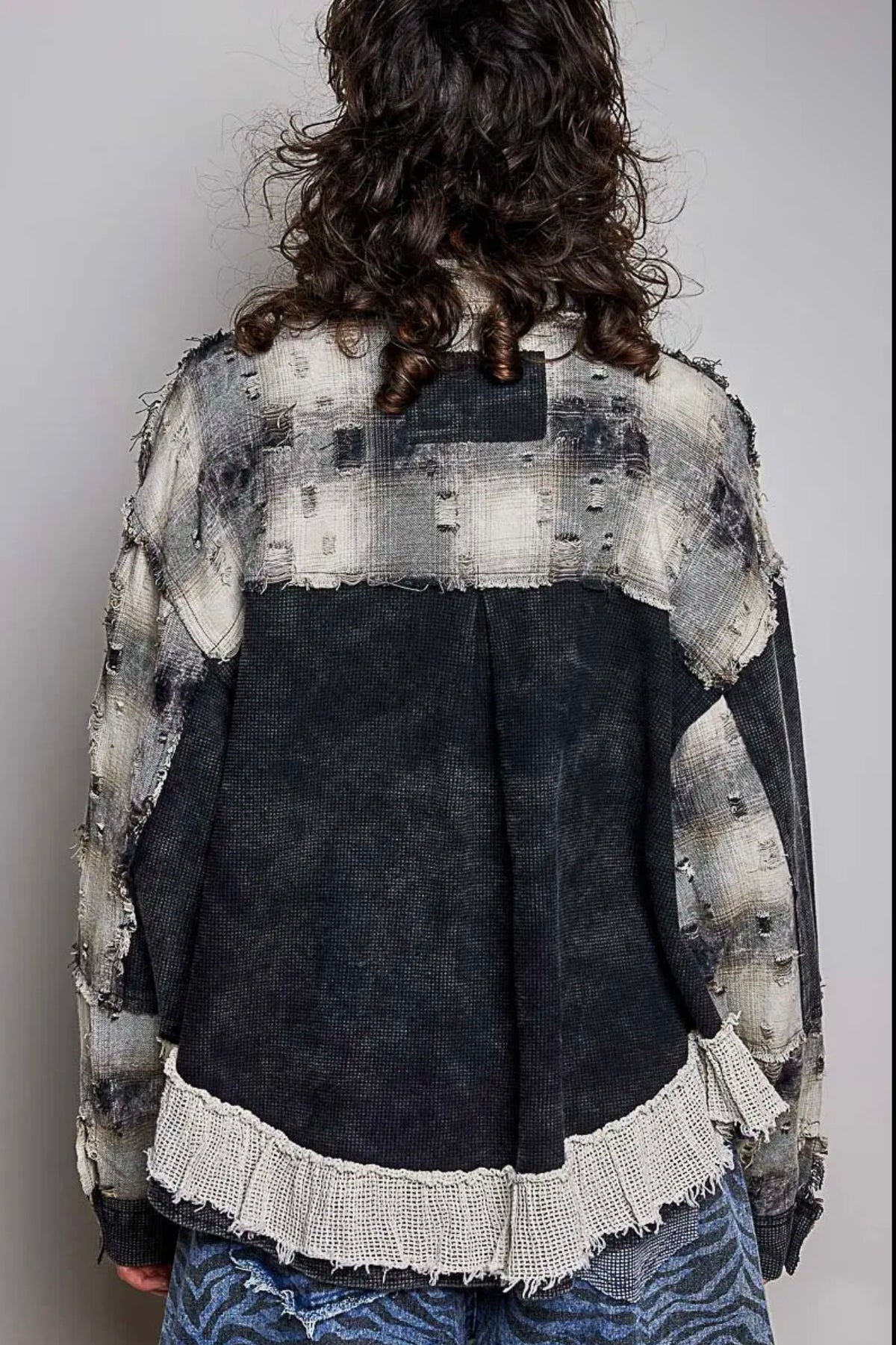 POL Vintage Plaid Thermal Patch Crochet Ruffle Raw Edge Shirt