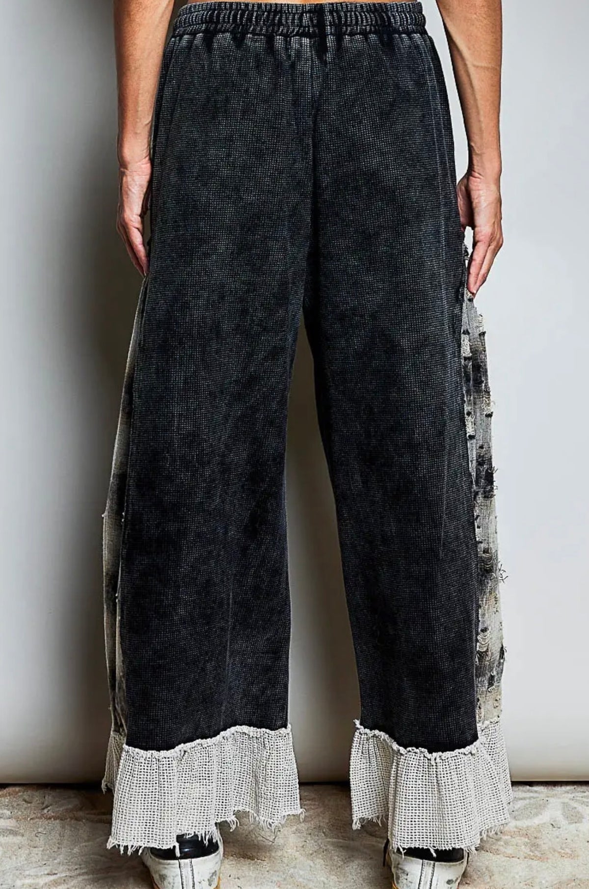 POL High Rise Thermal Plaid Side Ruffle Crochet Wide Leg Pants