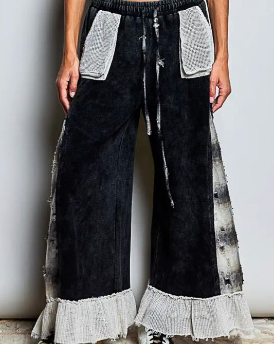 POL High Rise Thermal Plaid Side Ruffle Crochet Wide Leg Pants