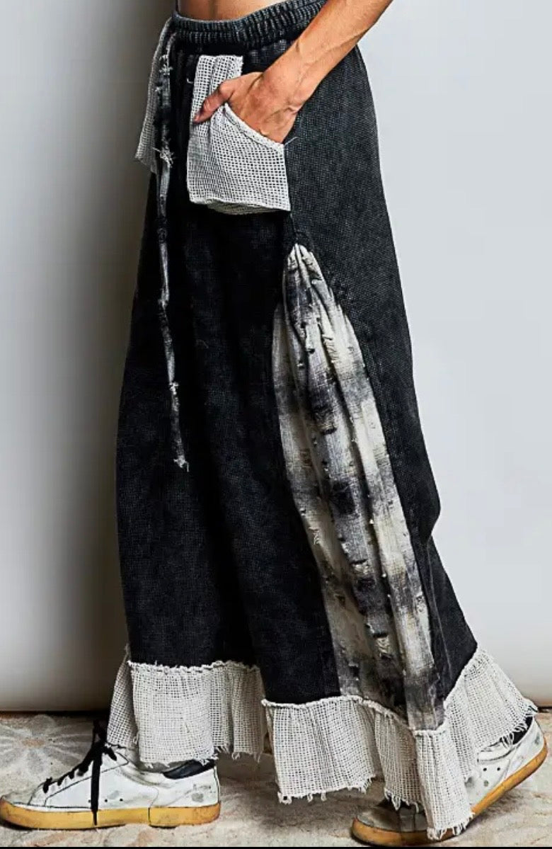 POL High Rise Thermal Plaid Side Ruffle Crochet Wide Leg Pants